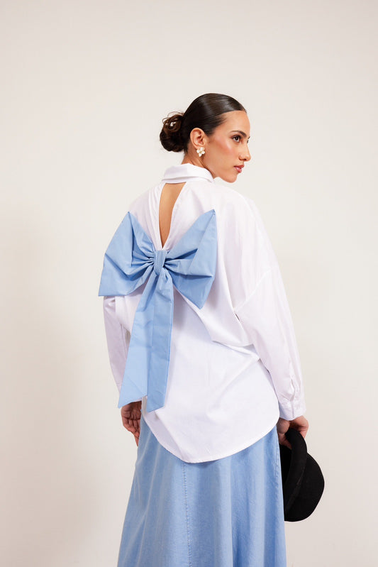 White Shirt with Blue Bow