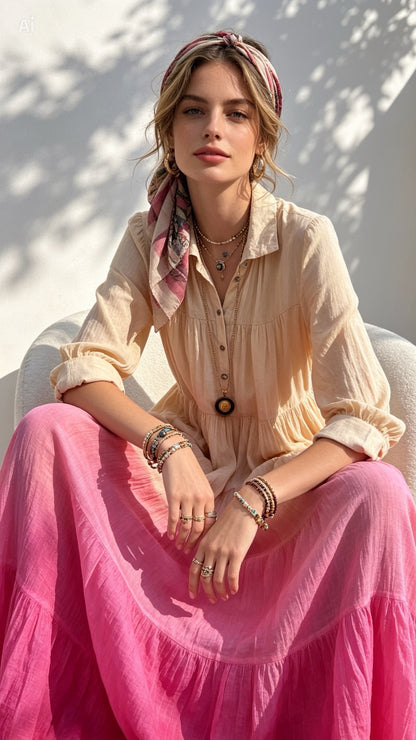 Airy Dress in Beige & Pink