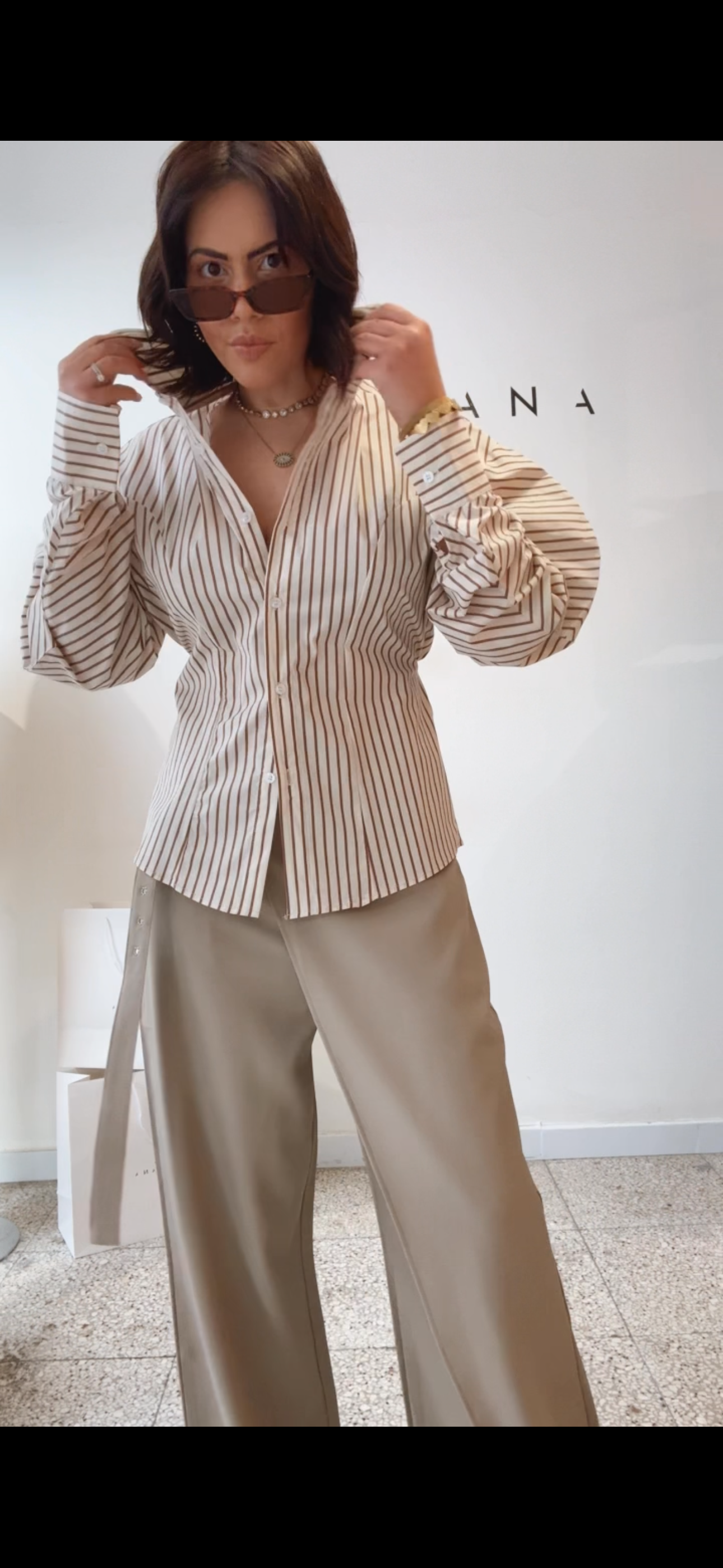 Balloon-Sleeve Shirt with Stripes