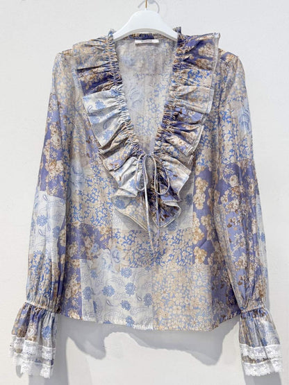 Ruffle Shirt with Vintage Print