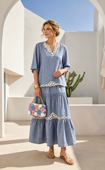 Denim Blouse & Skirt Set