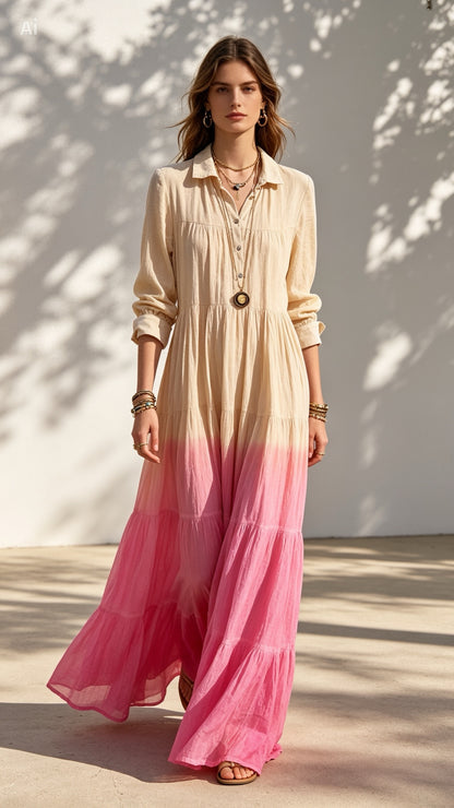 Airy Dress in Beige & Pink
