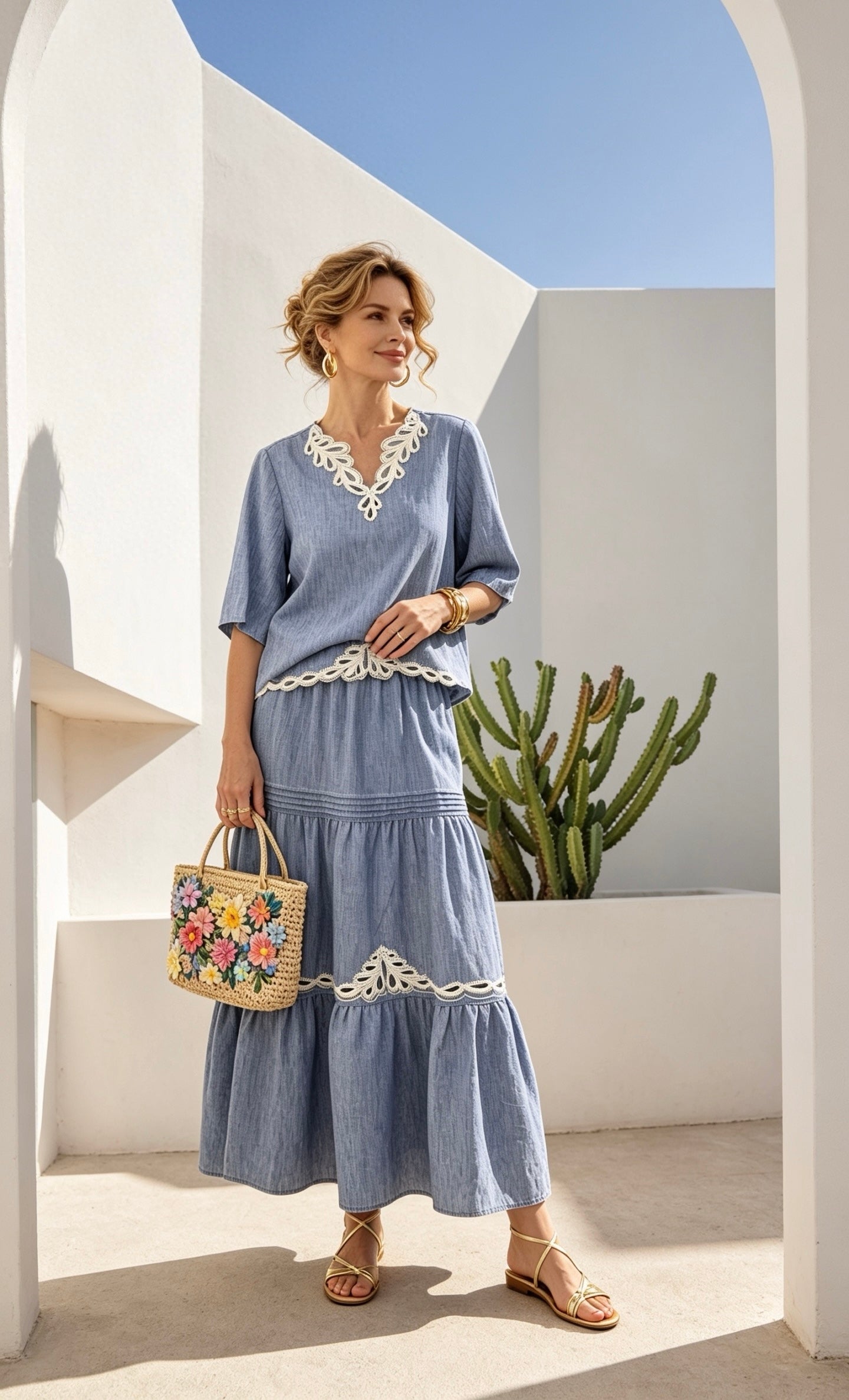 Denim Blouse & Skirt Set