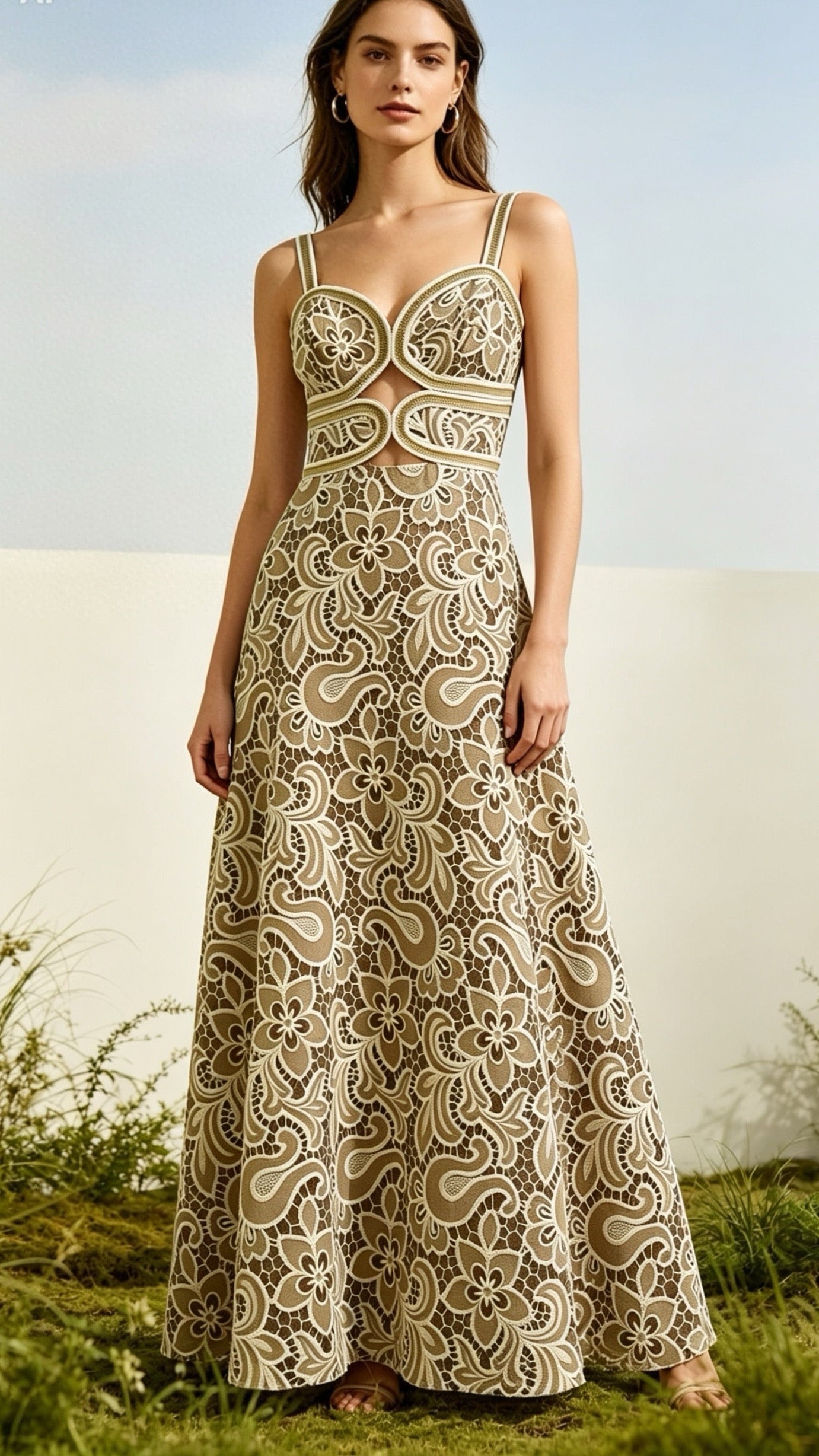 Maxi Dress in Beige & Brown