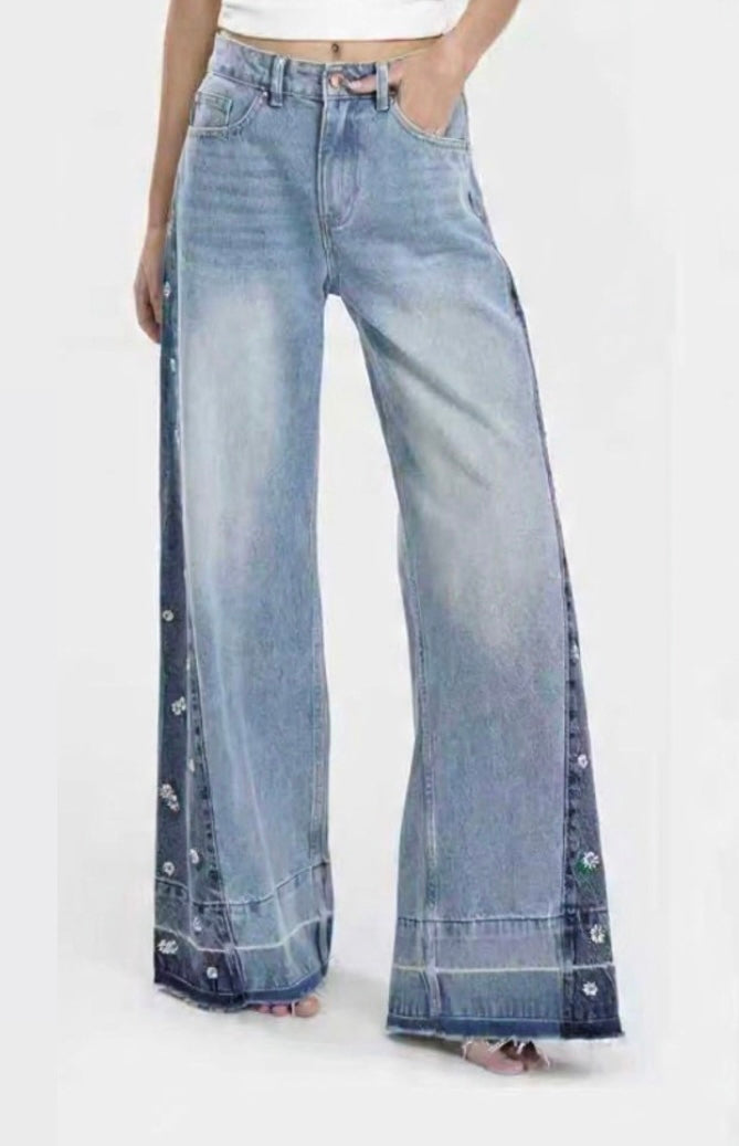Wide Leg Jeans with Flower Details