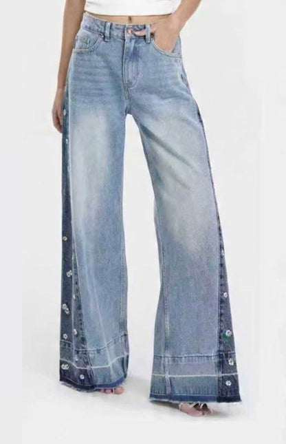 Wide Leg Jeans with Flower Details