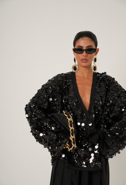 Wrap Top in Black Sequin