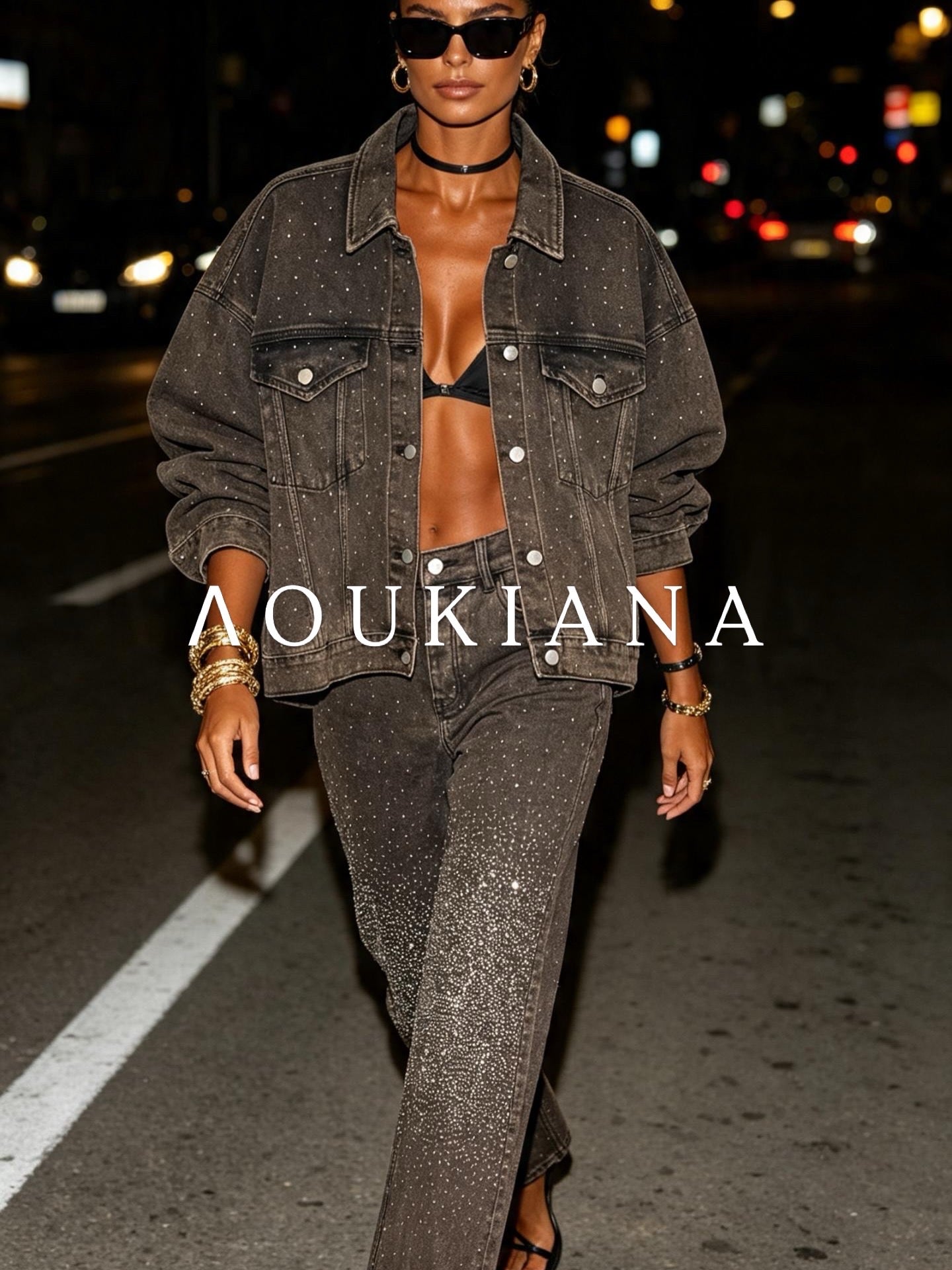 Brown denim set with strass