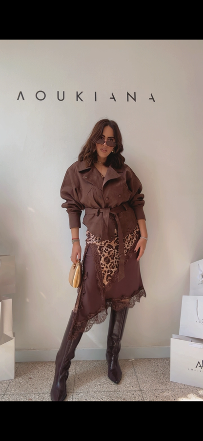 Satin Skirt with Lace Details in Brown