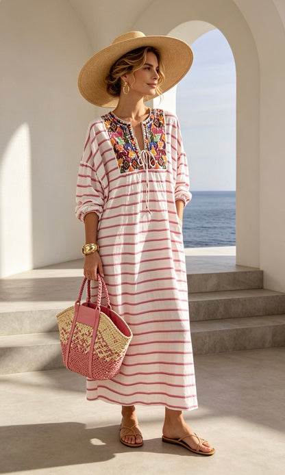 Embroidery striped dress