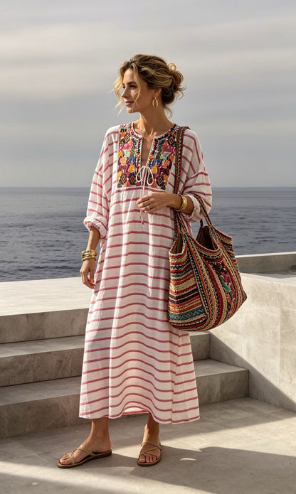 Embroidery striped dress