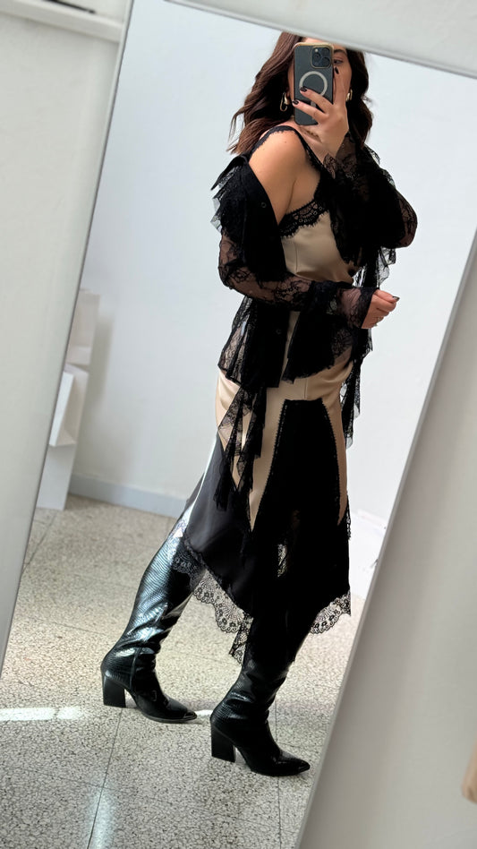 Satin Skirt with Lace Details in Black
