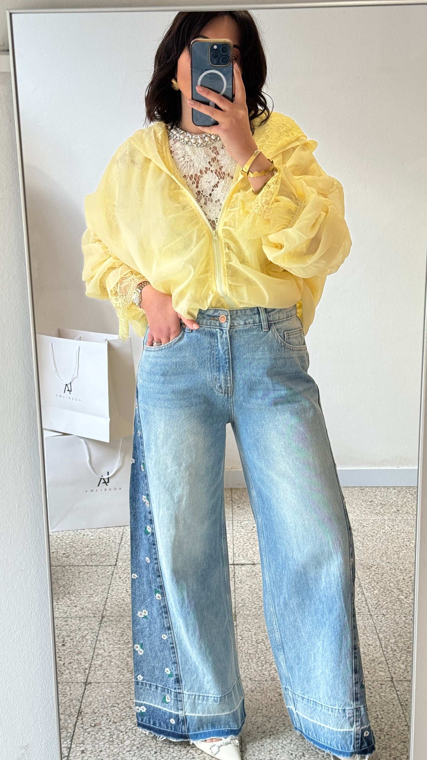 Wide Leg Jeans with Flower Details