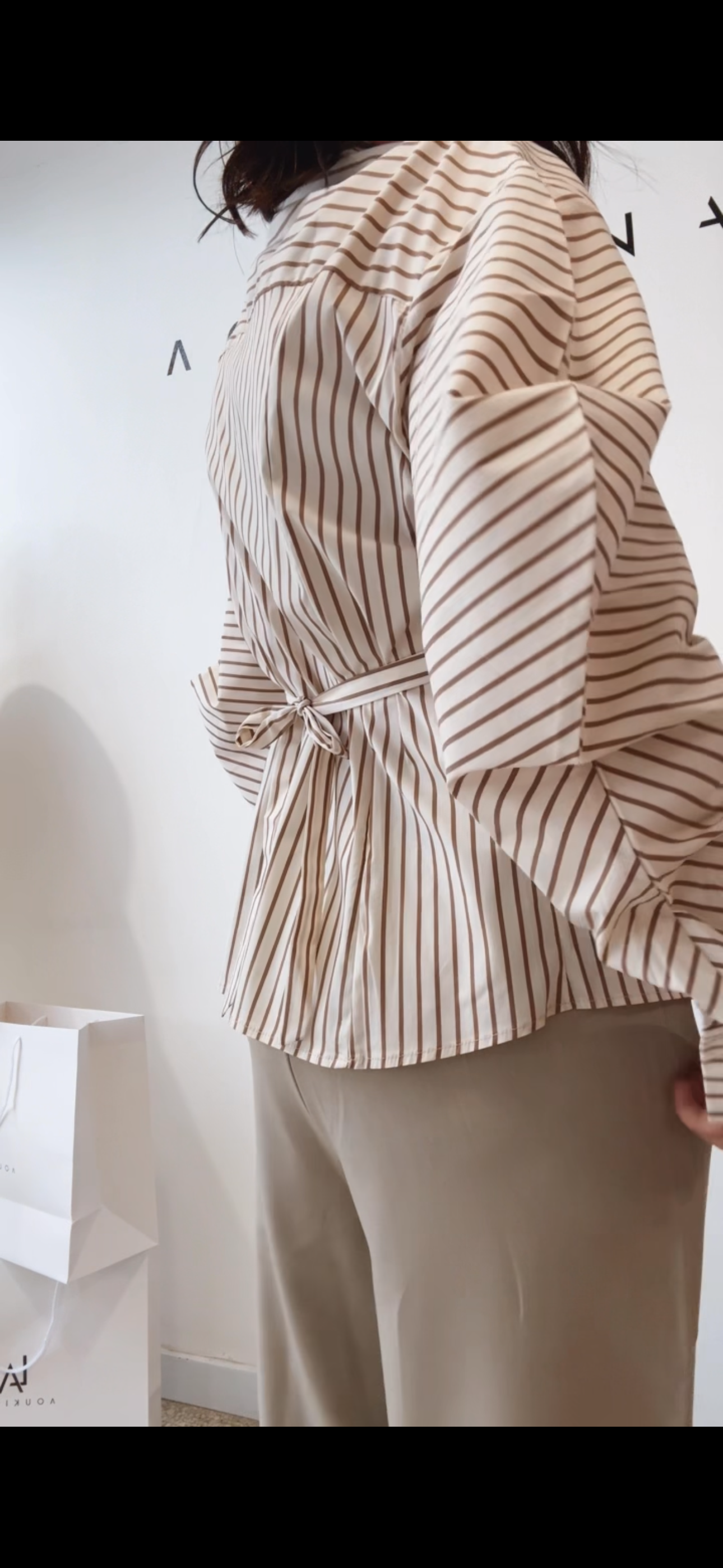 Balloon-Sleeve Shirt with Stripes