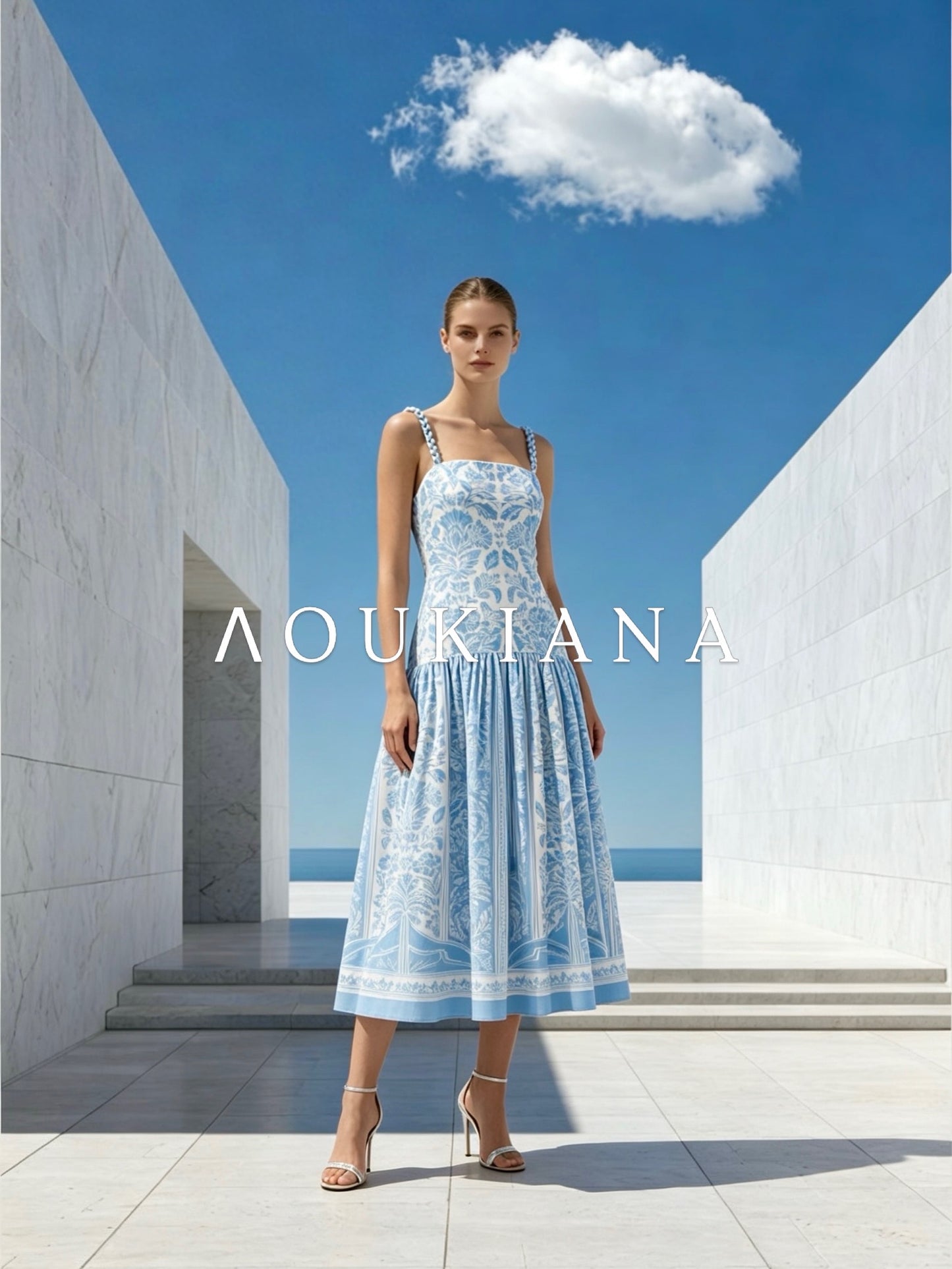 Midi Dress in Blue & White