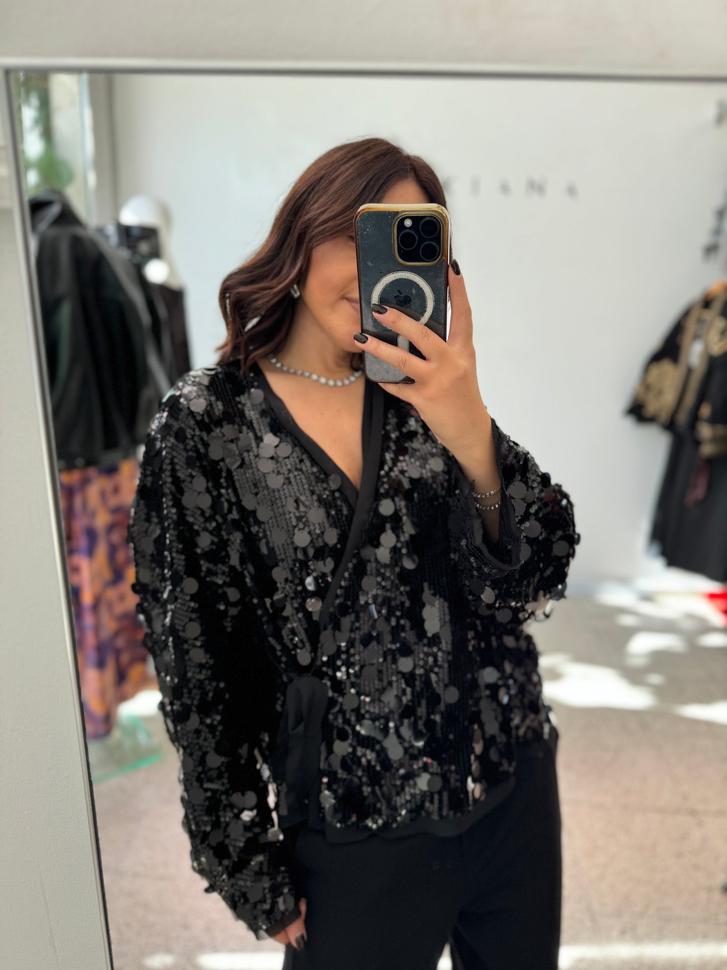 Wrap Top in Black Sequin