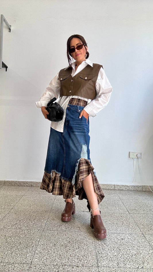 Checkered Skirt with Denim