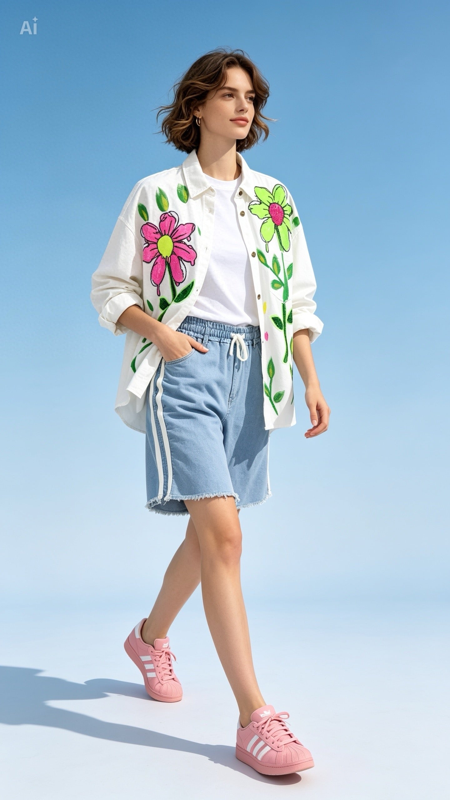 Denim Flower Shirt in Cream