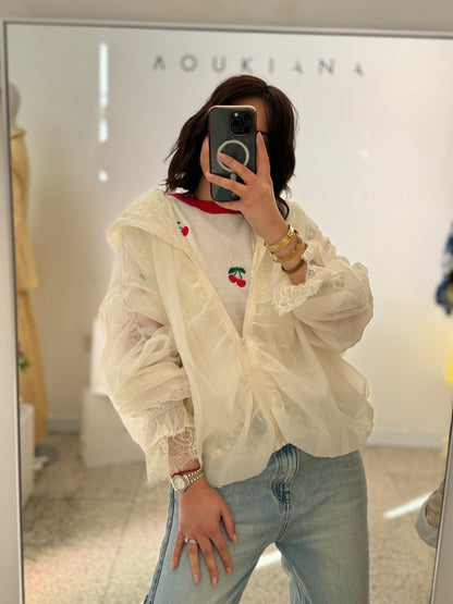 Lace Bomber Jacket in Cream
