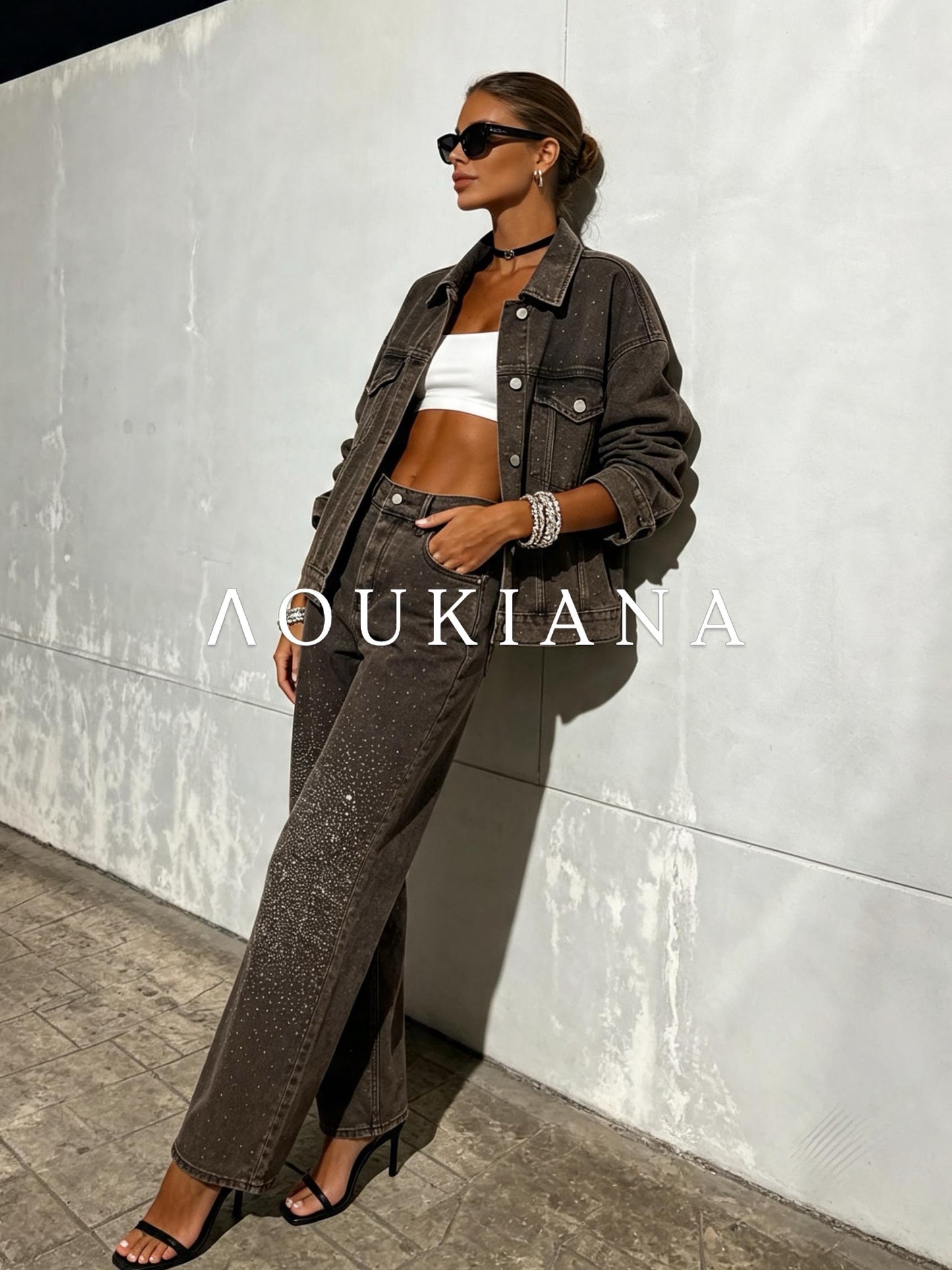 Brown denim set with strass