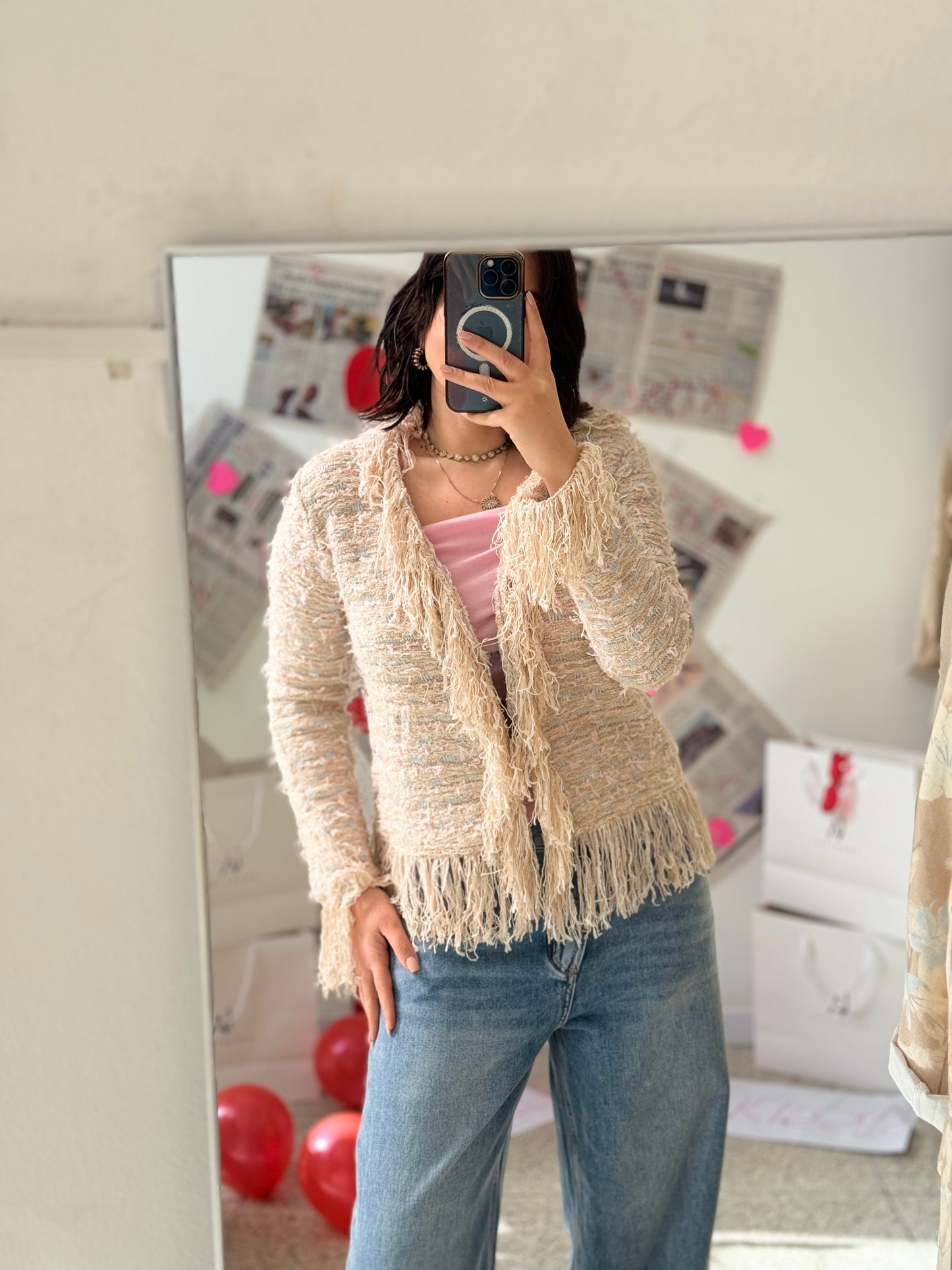 Cardigan with Fringes in Beige & Light Blue