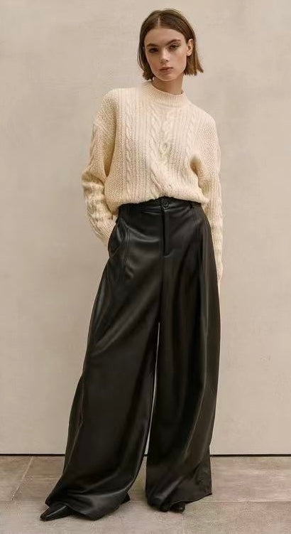Wide Leather Trousers in Black