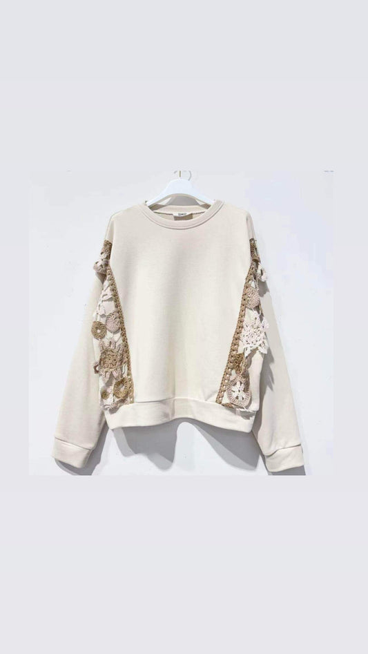 Sweatshirt in Cream with Lace Embellishments