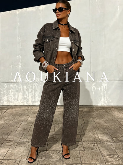 Brown denim set with strass