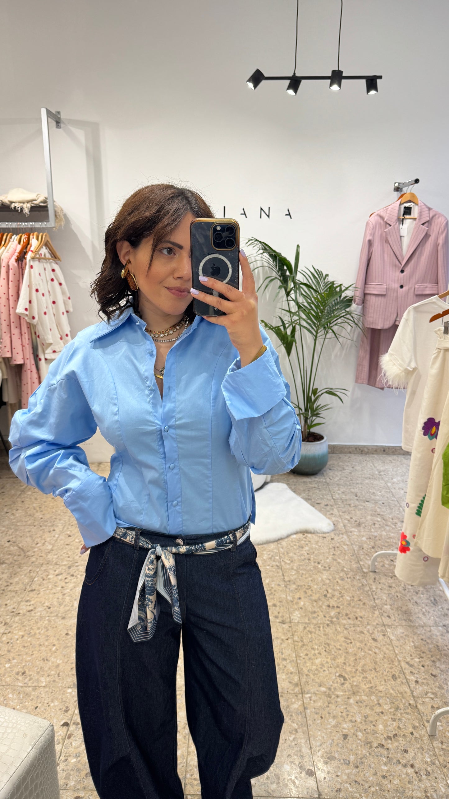 Balloon-Sleeve Shirt in Light Blue