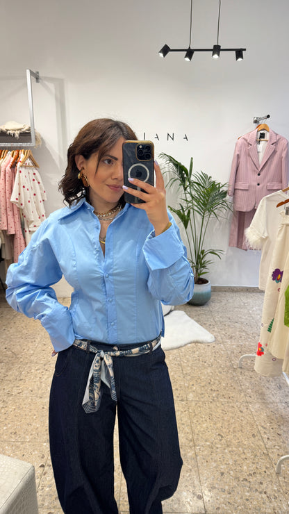 Balloon-Sleeve Shirt in Light Blue