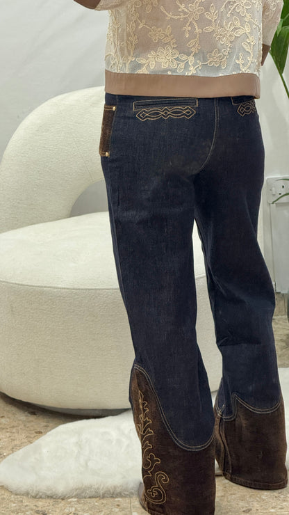 Blue Jeans with Brown Embroidery Details