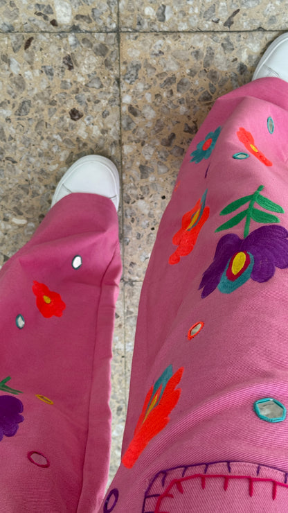 Embroidered Flower Trousers in Pink