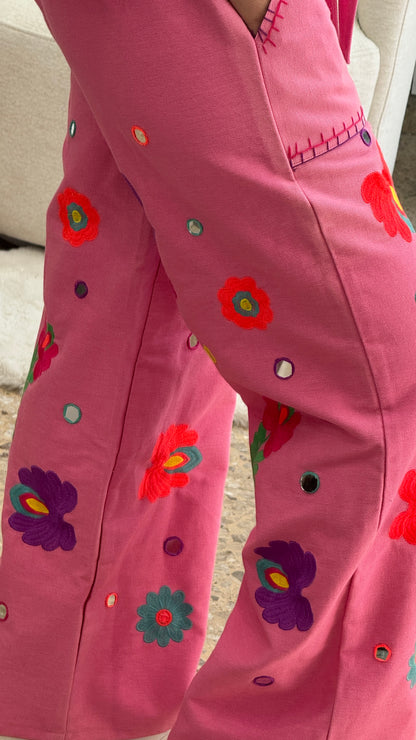 Embroidered Flower Trousers in Pink