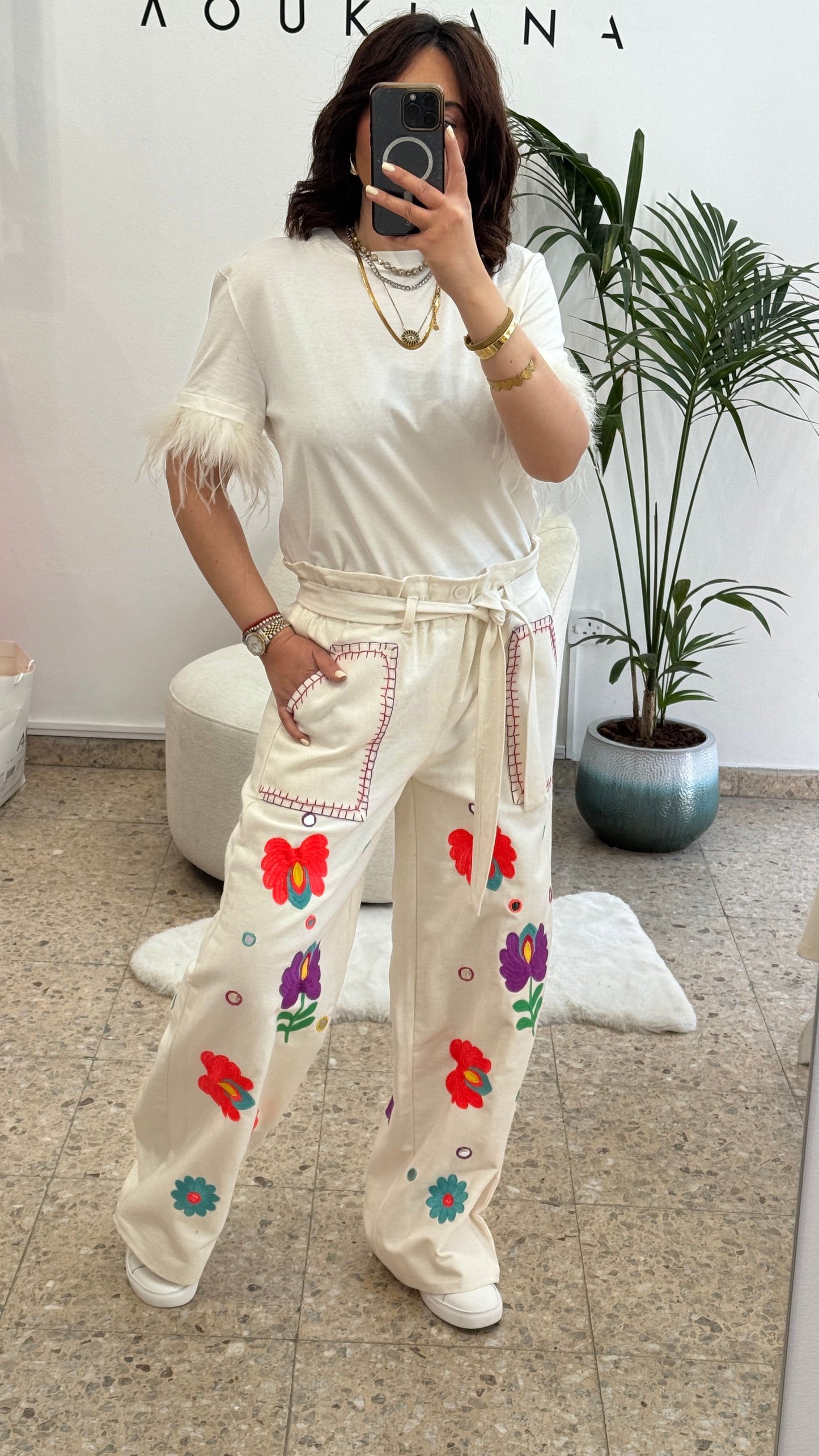 Embroidered Flower Trousers in White