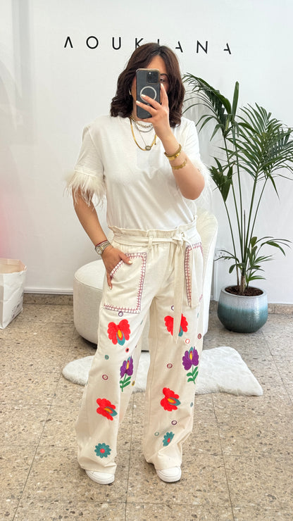 Embroidered Flower Trousers in White