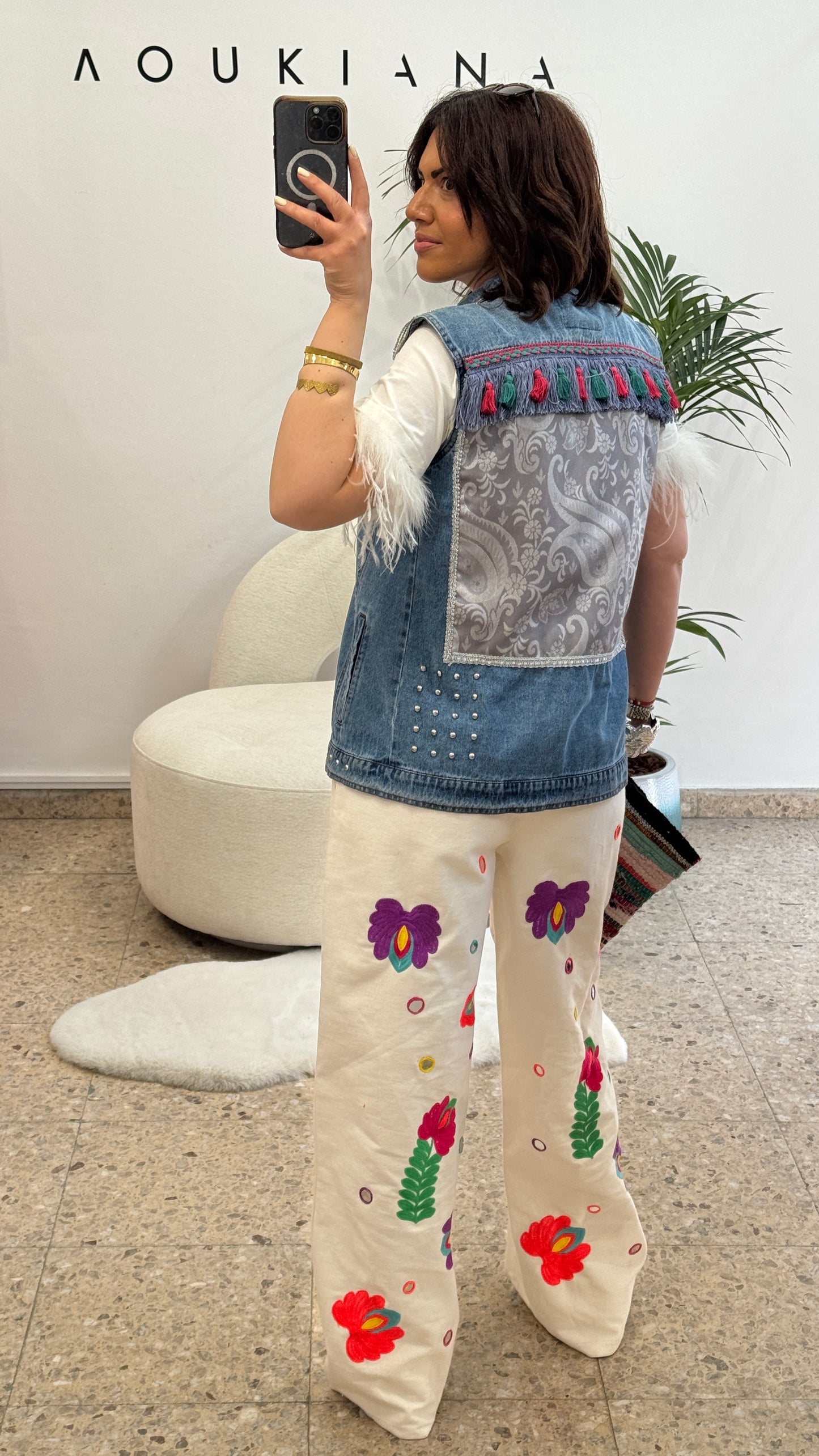 Embroidered Flower Trousers in White