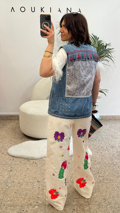 Embroidered Flower Trousers in White