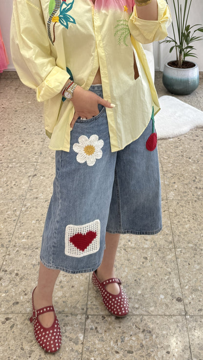 Embroidered Bermuda Jeans