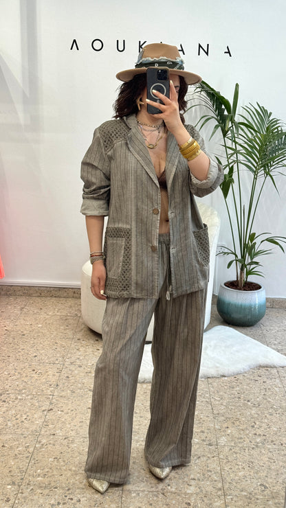 Cotton Striped Set in Taupe Gray