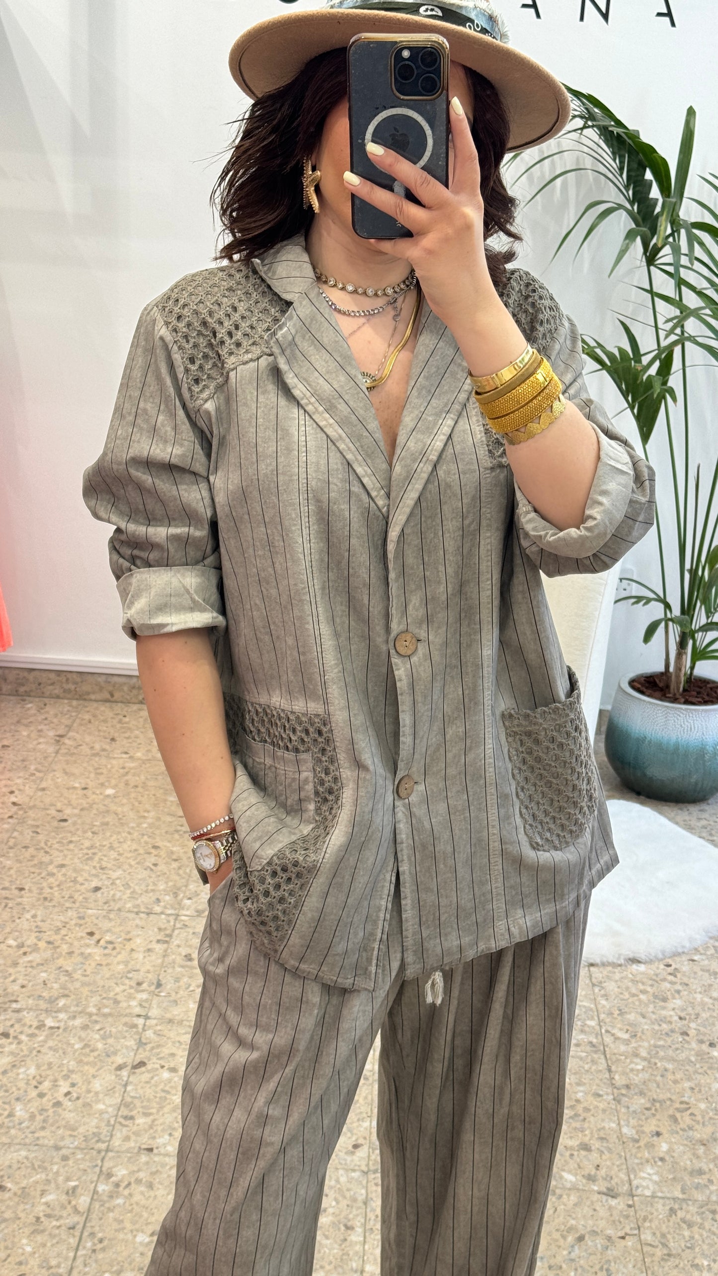Cotton Striped Set in Taupe Gray