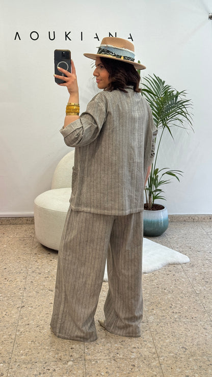 Cotton Striped Set in Taupe Gray