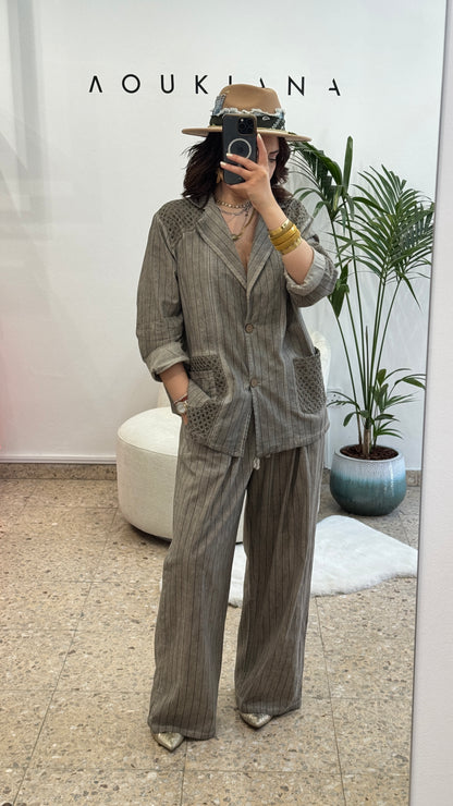 Cotton Striped Set in Taupe Gray