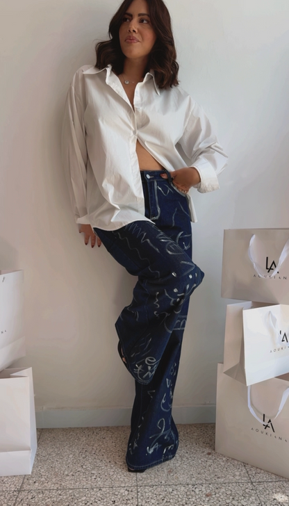 Wide-Leg Jeans with Line Drawings