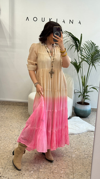 Airy Dress in Beige & Pink