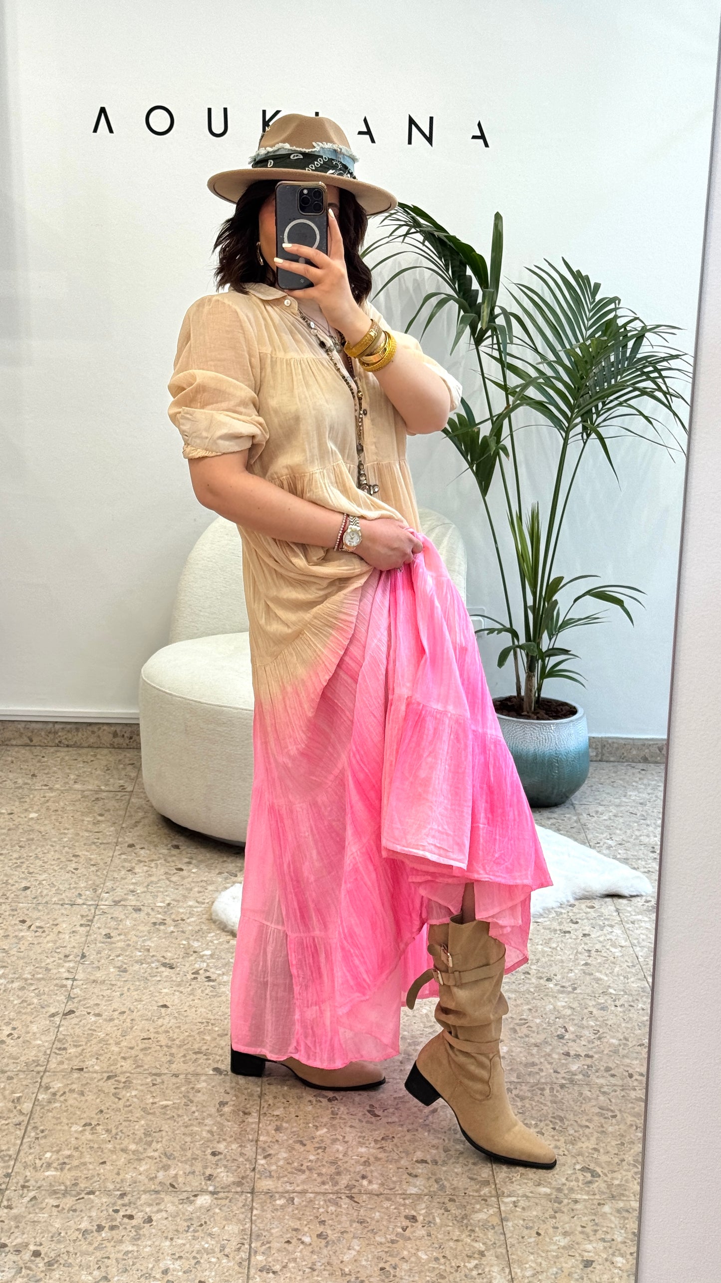 Airy Dress in Beige & Pink