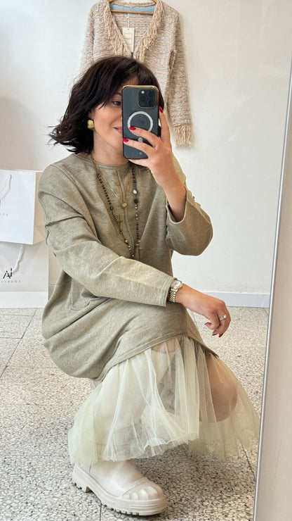 Dress in Khaki with Lace Detail