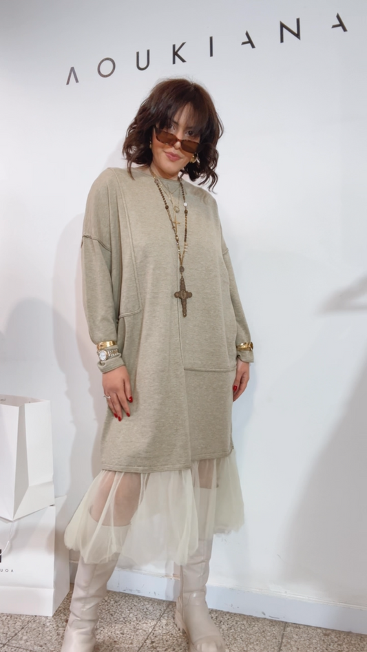 Dress in Khaki with Lace Detail