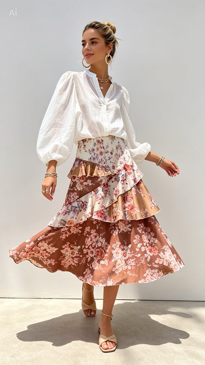 Floral Skirt in Brown & Beige