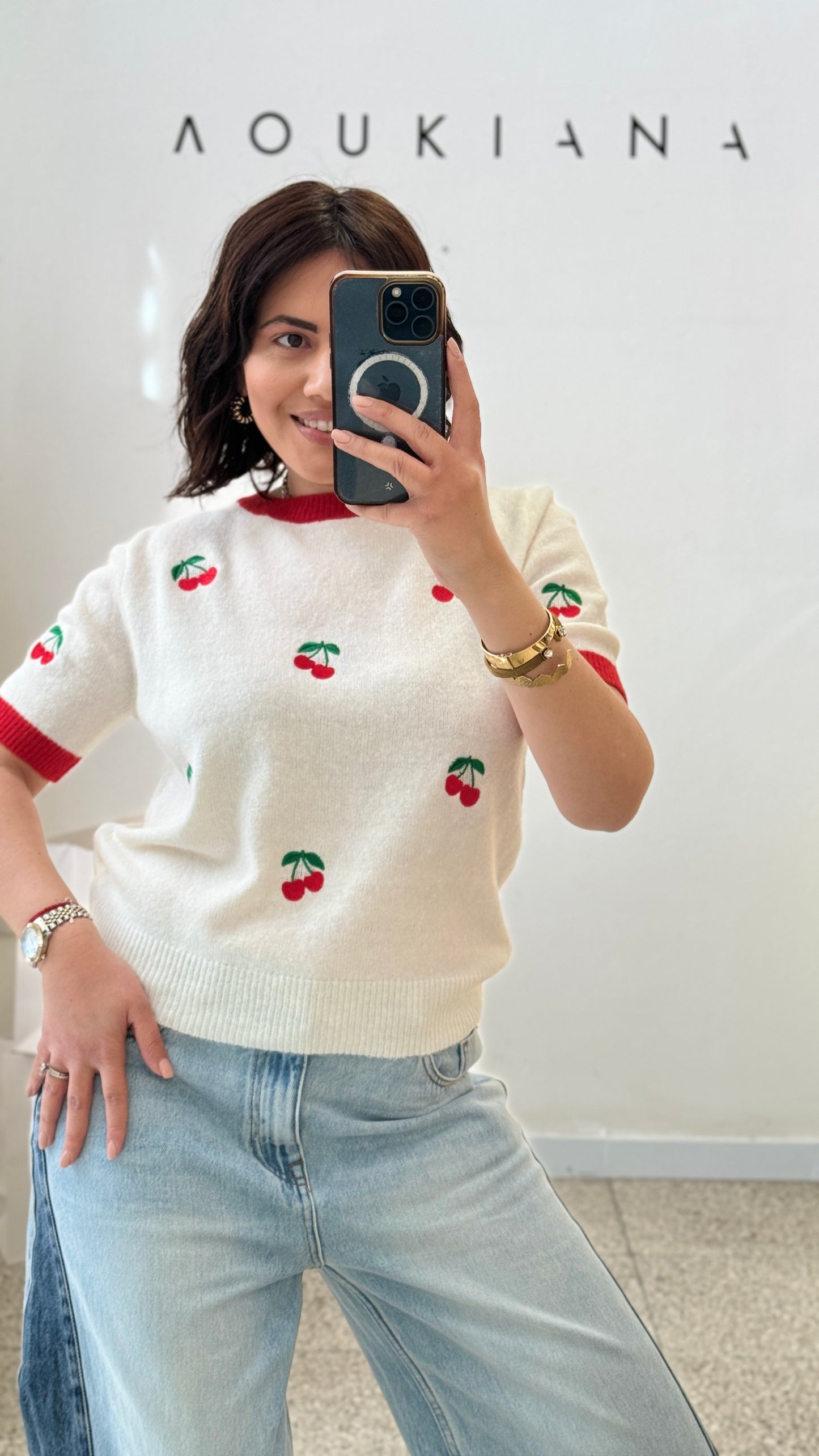 Knitted Top in Cherry Print