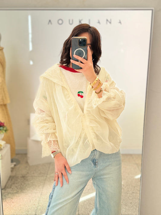 Lace Bomber Jacket in Cream